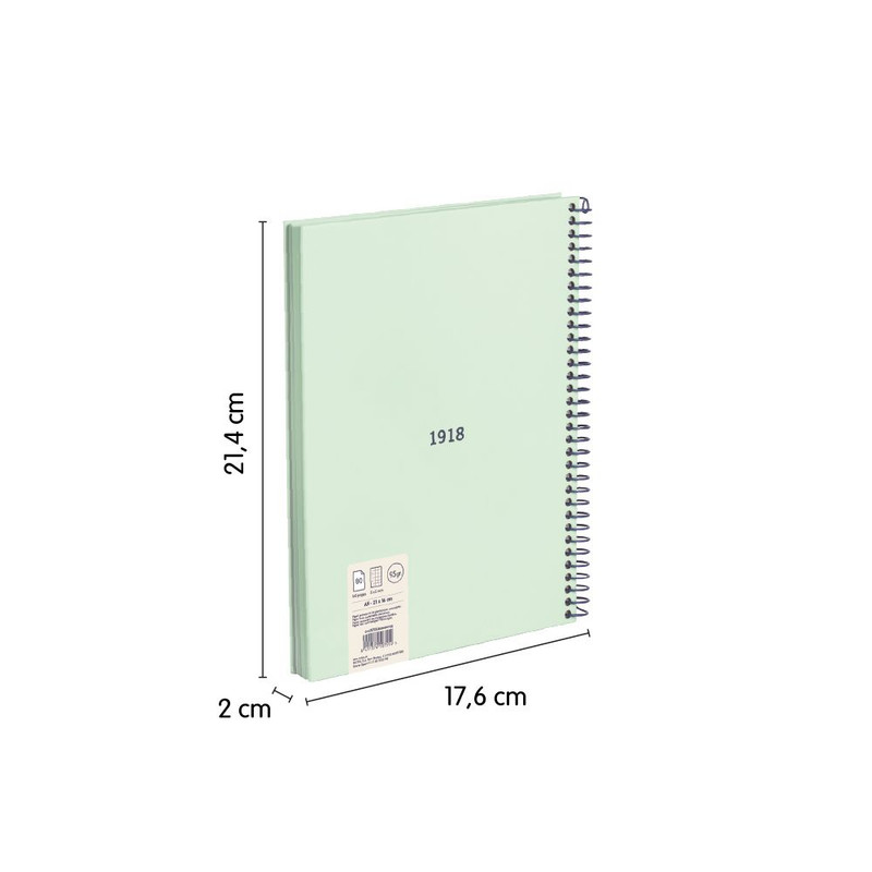 Cuaderno A5 con espiral y tapa dura, papel cuadriculado (5 x 5 mm), 80 hojas de 95 gr/m², colección 430 since 1918, verde