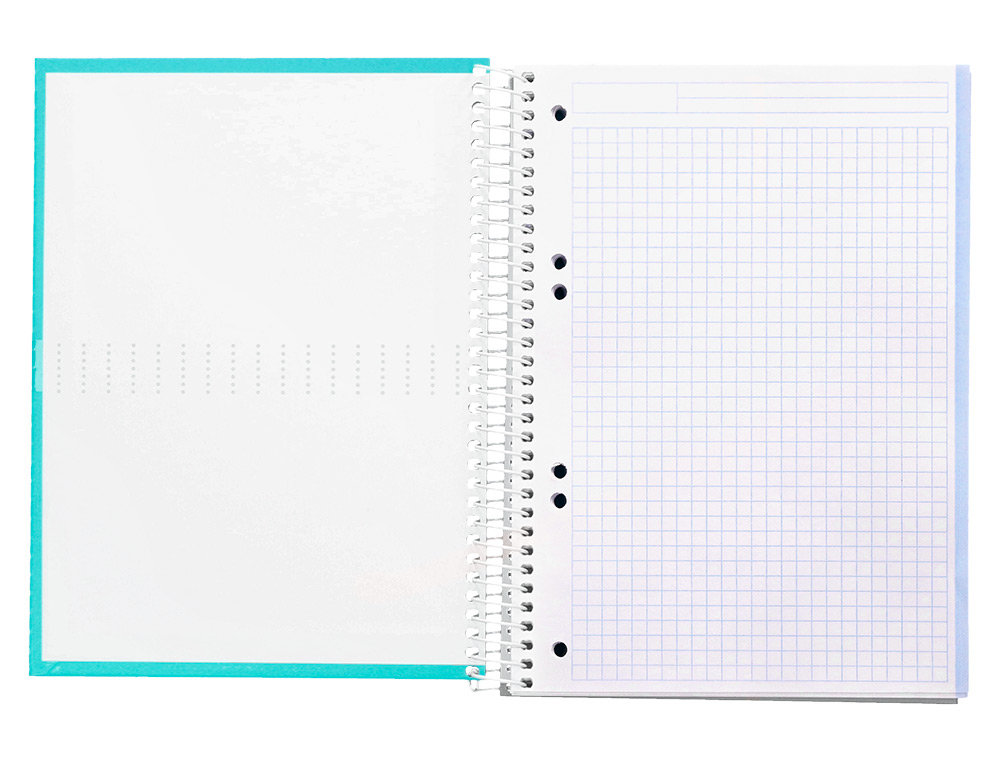 Cuaderno espiral liderpapel a5 micro crafty tapa forrada 120h 90 gr cuadro 5mm 5 bandas6 taladros color turquesa.