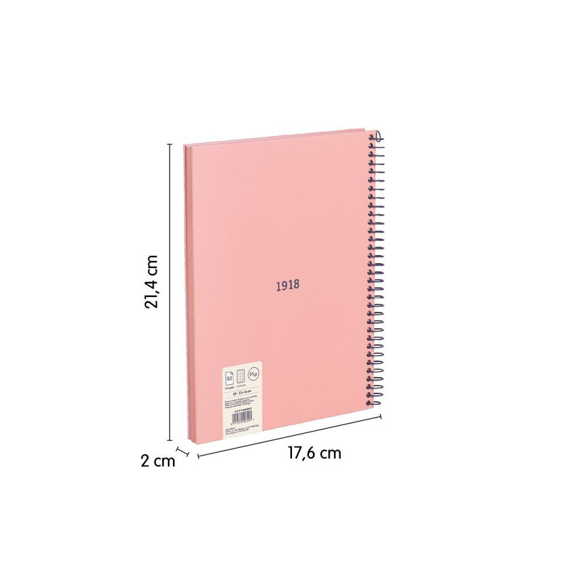 Cuaderno A5 con espiral y tapa dura, papel cuadriculado (5 x 5 mm), 80 hojas de 95 gr/m², colección 430 since 1918, rosa
