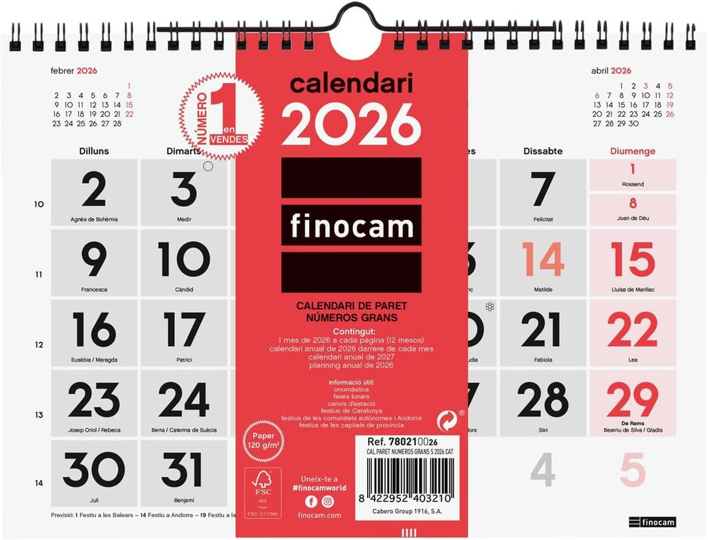 (CAT) CALENDARIO PARED 2026 NUMEROS GRANDES