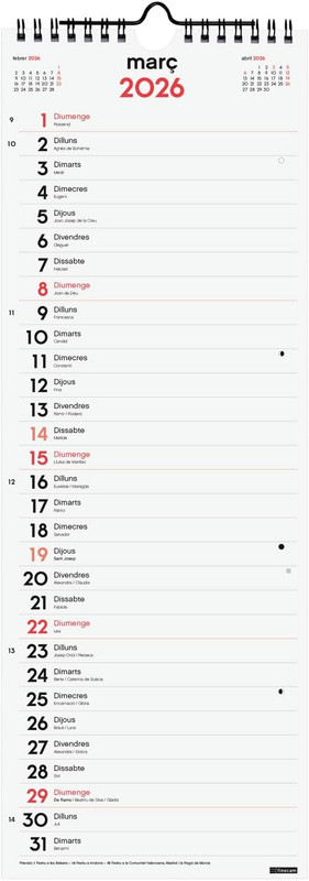 CALENDARIO PARET ESCRIURE LLARG L2026CAT+