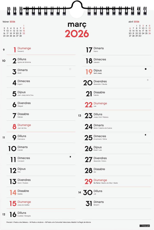 CALENDARIO PARET DUES COLUMNES M 2026 CAT+