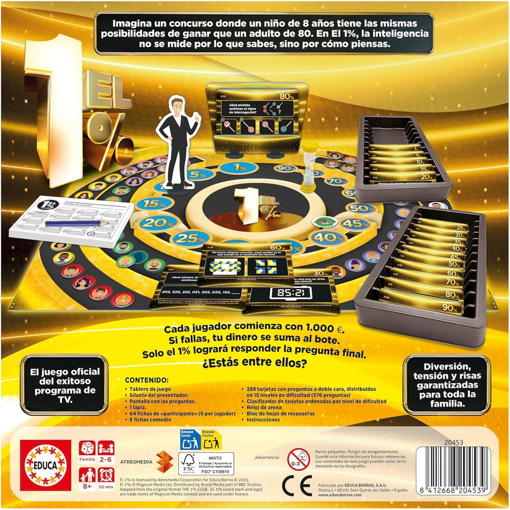Educa - EL 1% | Juego de Mesa Divertido para Familia y Amigos | Regalo para Adultos Basado en el Programa de Televisión | A Partir de 8 Años (20453)