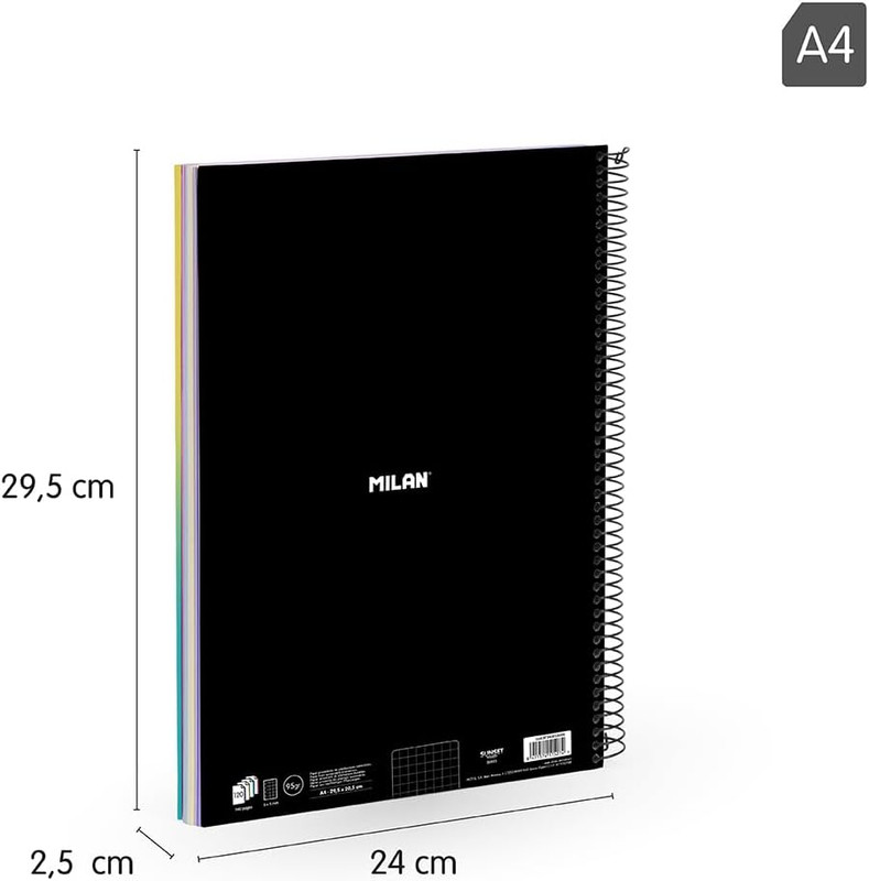 Cuaderno A4 con espiral y tapa dura, papel cuadriculado, 120 hojas de 95gr/m², colección Sunset