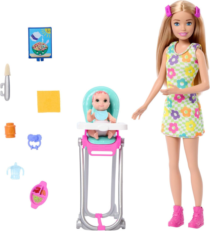 MUÑECA BARBIE SKIPPER NIÑERA CON TRONA Y BEBE HTK35 MATTEL
