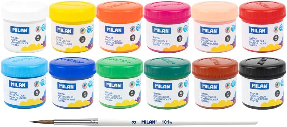 Caja 12 tarros 40 ml pintura témpera colores surtidos con pincel