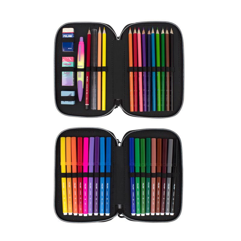 Plumier 2 pisos con contenido Sunset, negro y rosa