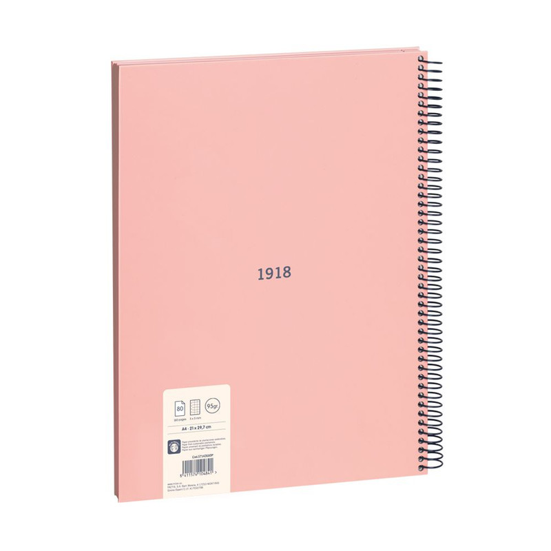 Libreta con espiral, papel cuadriculado, 80 hojas A4, serie 1918, rosa