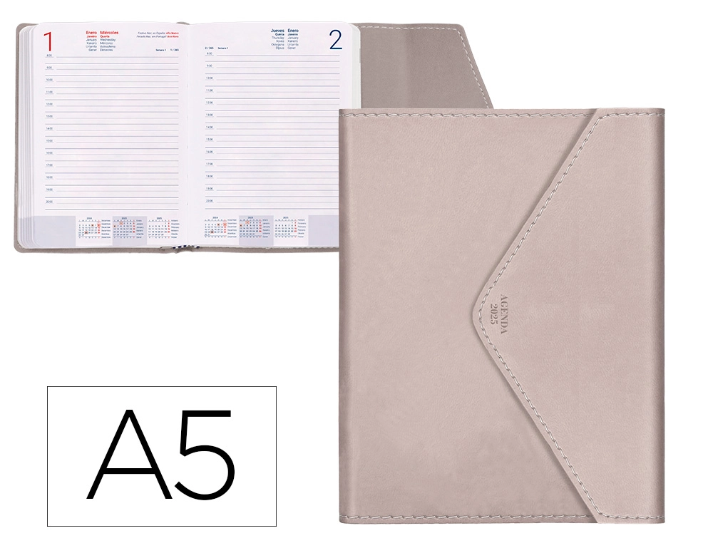 AGENDA ENCUADERNADA LIDERPAPEL PSARA A5 2025 DÍA PÁGINA COLOR GRIS PIEDRA PAPEL 70 GR