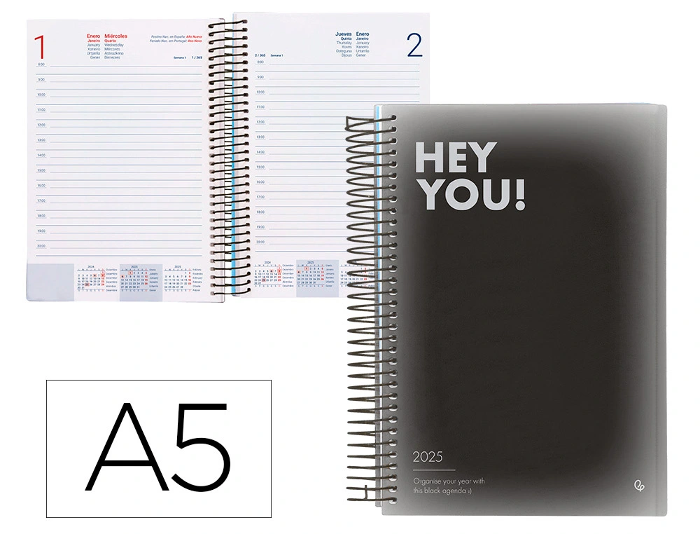 AGENDA ESPIRAL LIDERPAPEL GAZI A5 2025 DÍA PÁGINA COLOR NEGRO PAPEL 70 GR