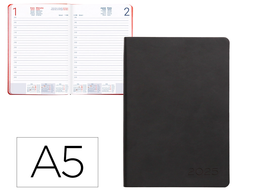 AGENDA ENCUADERNADA LIDERPAPEL SIFNOS A5 2025 DÍA PÁGINA COLOR ROJO PAPEL 70 GR