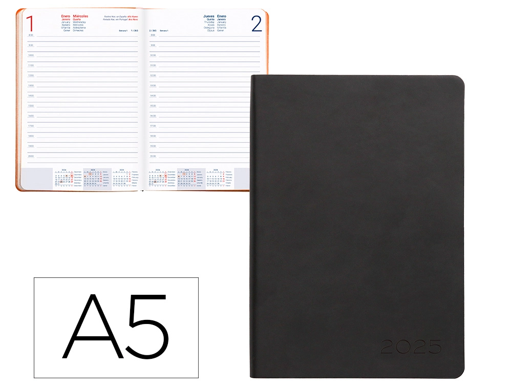 AGENDA ENCUADERNADA LIDERPAPEL SIFNOS A5 2025 DÍA PÁGINA COLOR NARANJA PAPEL 70 GR
