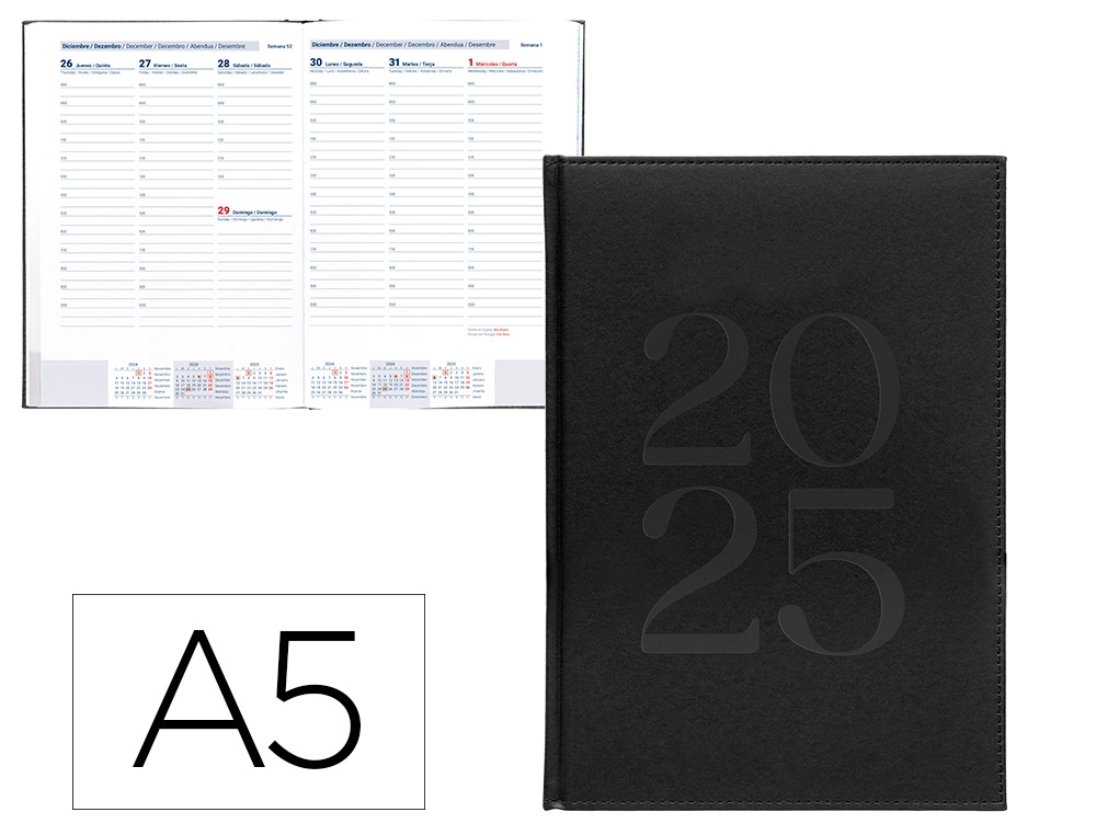 AGENDA ENCUADERNADA LIDERPAPEL CRETA A5 2025 SEMANA VISTA NEGRO PAPEL 70 GR