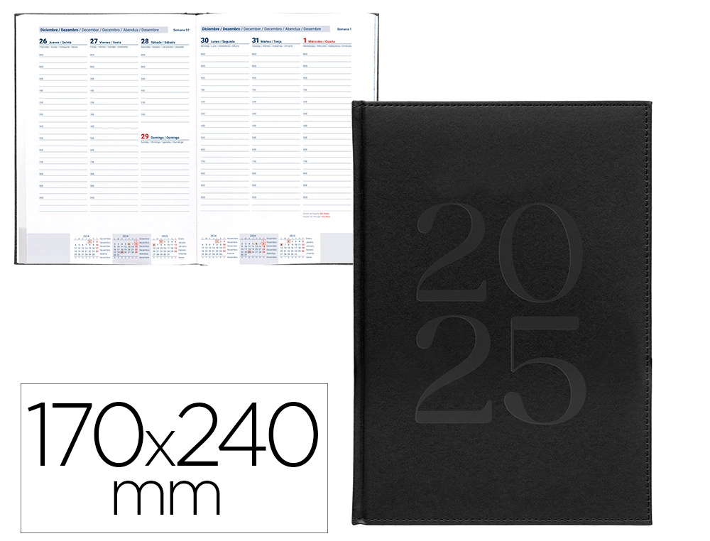 AGENDA ENCUADERNADA LIDERPAPEL CRETA 170 X 240 2025 SEMANA VISTA NEGRO PAPEL 70 GR