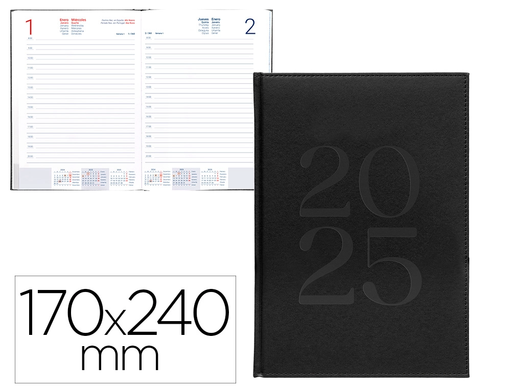 AGENDA ENCUADERNADA LIDERPAPEL CRETA 170 X 240 2025 DÍA PÁGINA NEGRO PAPEL 70 GR