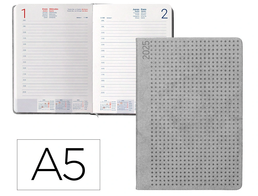 AGENDA ENCUADERNADA LIDERPAPEL ANAFI A5 2025 DÍA PÁGINA COLOR GRIS PAPEL 70 GR