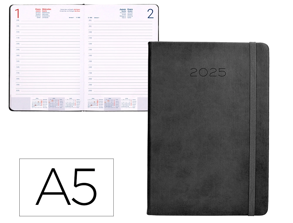 AGENDA ENCUADERNADA LIDERPAPEL MYKONOS A5 2025 DÍA PÁGINA COLOR NEGRO PAPEL 70 GR