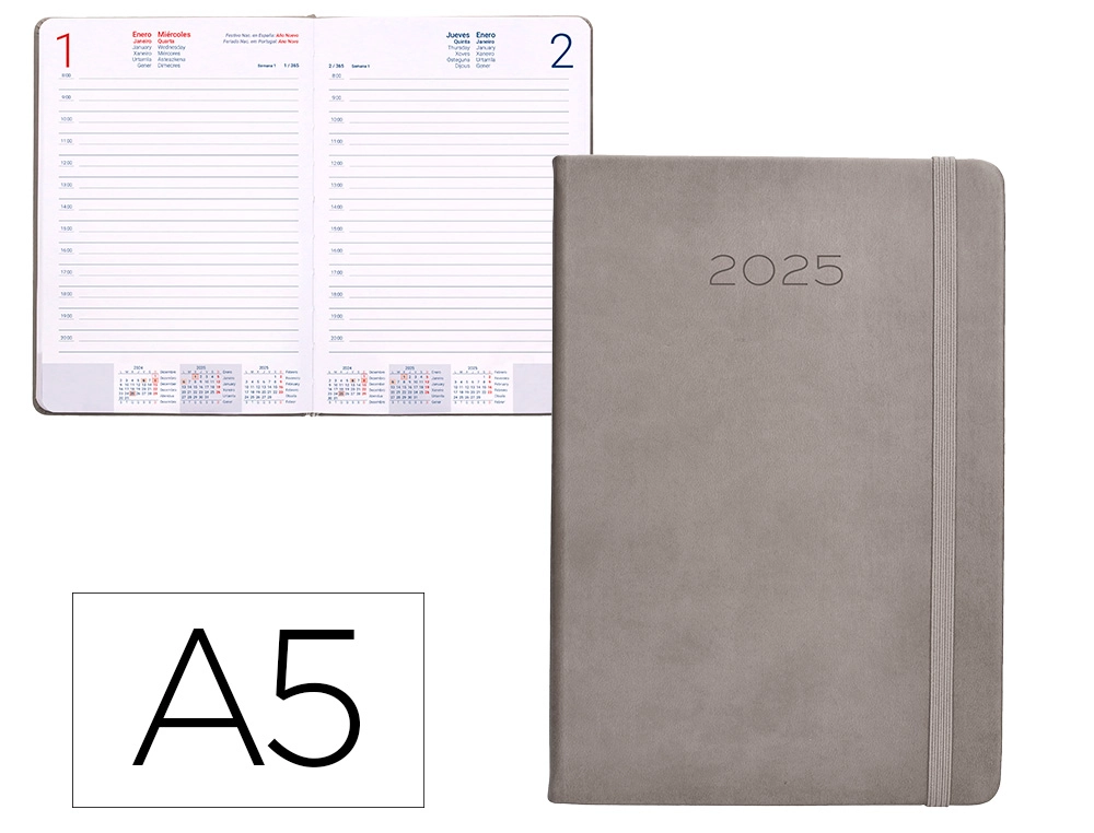 AGENDA ENCUADERNADA LIDERPAPEL MYKONOS A5 2025 DÍA PÁGINA COLOR GRIS PAPEL 70 GR
