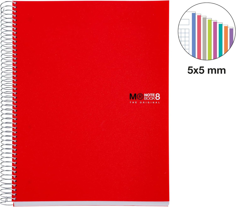 Notebook 8 a4 200h 70g cuad.5x5 color rojo polipropileno microperforado