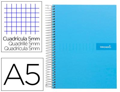 Cuaderno espiral liderpapel a5 micro crafty tapa forrada 120h 90 gr cuadro 5mm 5 bandas6 taladros color celeste.