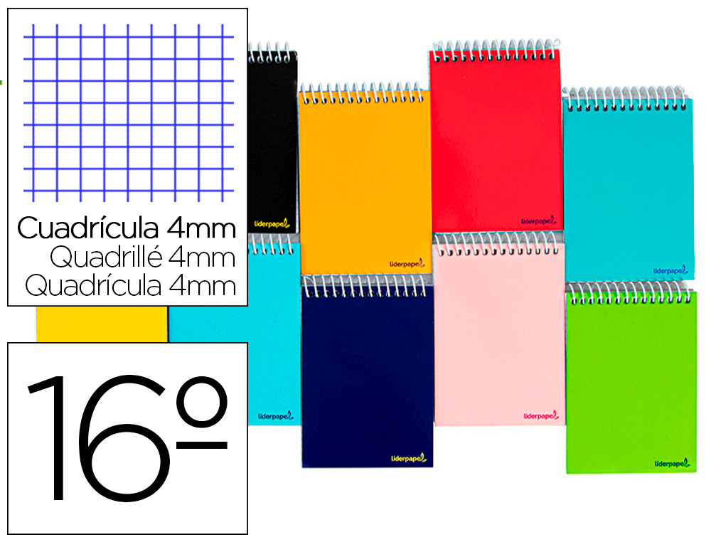 Cuaderno espiral liderpapel bolsillo dieciseavo apaisado smart tapa blanda 80h 60gr cuadro 4mm colores surtidos.