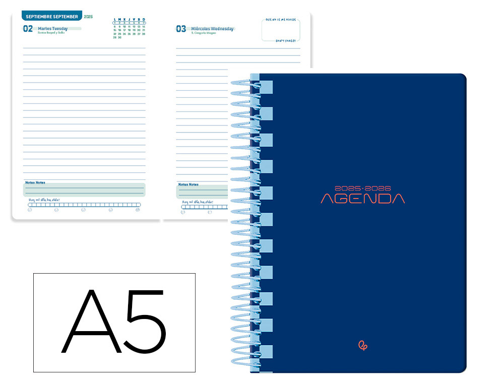 AGENDA ESCOLAR LIDERPAPEL 25-26 ESPIRAL CLASSIC AZUL OSCURO DIA PAGINA A5 BILINGÜE PAPEL FSC 70 GR