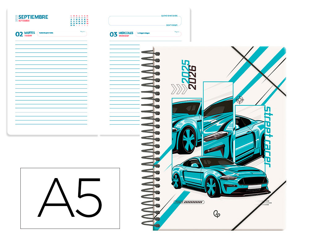 AGENDA ESCOLAR LIDERPAPEL 25-26 ESPIRAL CARS TURQUESA DIA PAGINA A5 BILINGÜE PAPEL FSC 80 GR