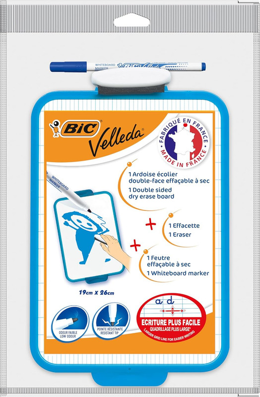 BIC Velleda Pizarra Blanca Pequeña de Borrado en Seco de Doble Cara con Rotulador Azul y Borrador, 19x26cm, Óptimo para material escolar