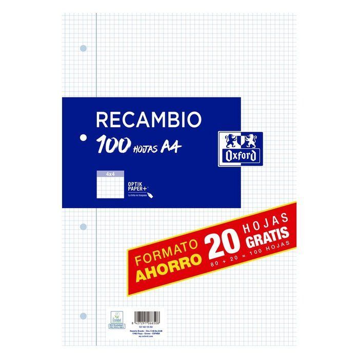Recambio a4 80+20h 4 taladros 90g. cuadrícula 4x4 c/m oxford