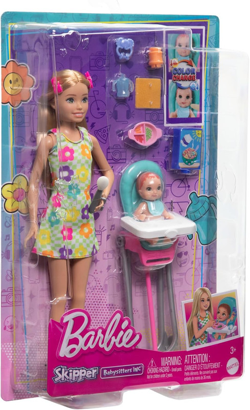 MUÑECA BARBIE SKIPPER NIÑERA CON TRONA Y BEBE HTK35 MATTEL