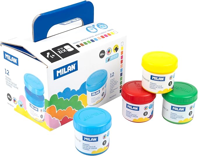Caja 12 tarros 40 ml pintura témpera colores surtidos con pincel