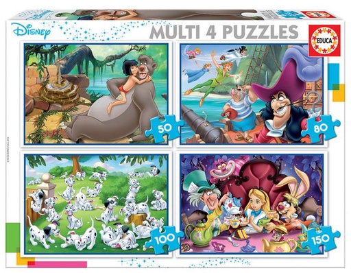 [E18105] PUZZLE MULTI 4 PUZZLES CLÁSICOS DISNEY 50-80-100-150 (ALADDIN, JUNGLE BOOK, ALICIA, PETER PAN) EDUCA 18105