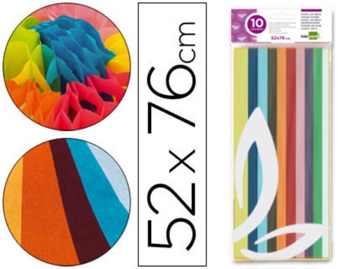 [35744] Papel seda liderpapel 52x76cm 18g/m2 bolsa de 10 hojas colores surtidos. 