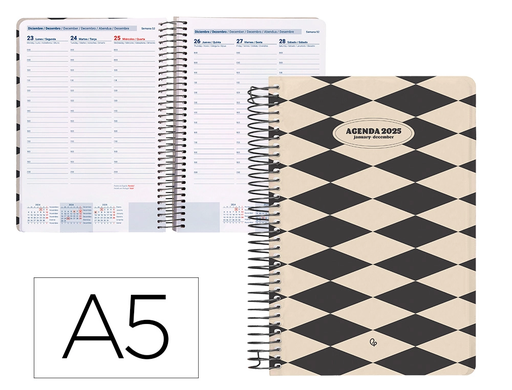 [LID170391] AGENDA ESPIRAL LIDERPAPEL CLASSIC A5 2025 SEMANA VISTA BLANCO Y NEGRO 1 PAPEL 70 GR