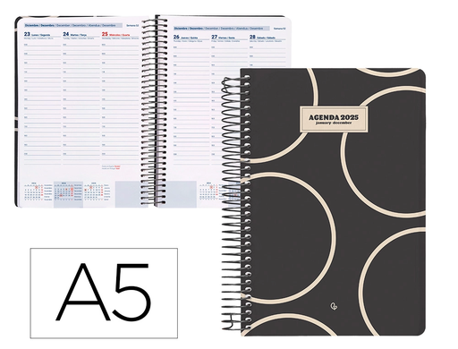 [LID170392] AGENDA ESPIRAL LIDERPAPEL CLASSIC A5 2025 SEMANA VISTA BLANCO Y NEGRO 2 PAPEL 70 GR