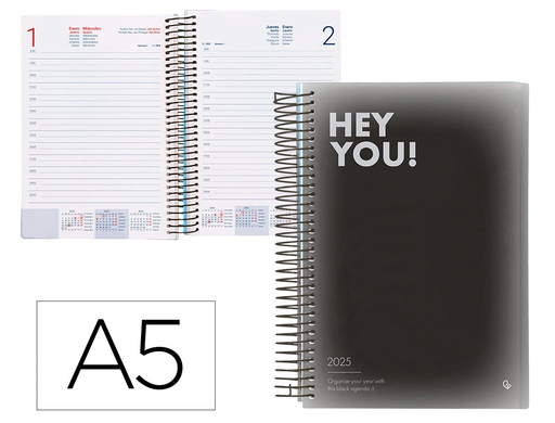[LID170408] AGENDA ESPIRAL LIDERPAPEL GAZI A5 2025 DÍA PÁGINA COLOR NEGRO PAPEL 70 GR