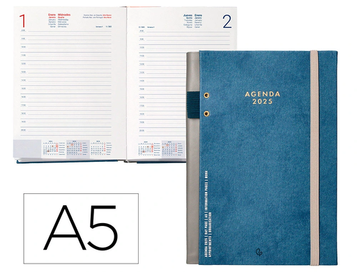 [LID170503] AGENDA ENCUADERNADA LIDERPAPEL PAXOS A5 2025 DÍA PÁGINA COLOR AZUL PAPEL 70 GR