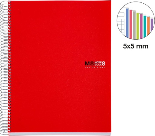 [8422593420027] Notebook 8 a4 200h 70g cuad.5x5 color rojo polipropileno microperforado