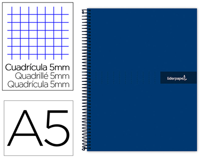 [BJ08] Cuaderno espiral liderpapel a5 micro crafty tapa forrada 120h 90 gr cuadro 5mm 5 bandas6 taladros color azu