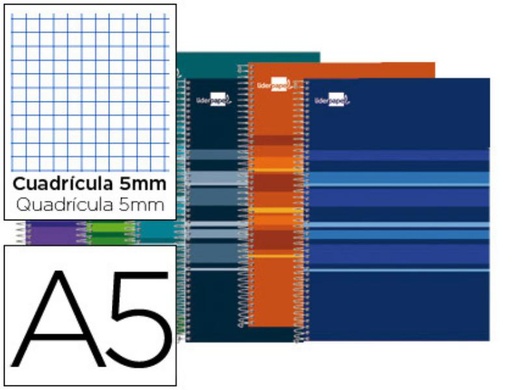[BJ55] CUADERNO ESPIRAL LIDERPAPEL A5 MICRO CLASSIC TAPA FORRADA 160H 60 GR CUADRO 5MM 5 BANDAS6 TALADROS C