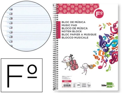 [BM01] Bloc musica liderpapel pentagrama 3mm folio 20 hojas 100g/m2. 