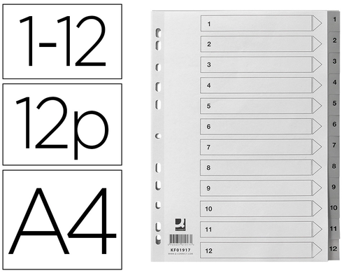 [KF01917] Separador numerico q-connect plastico 1-12 juego de 12 separadores din a4 multitaladro.
