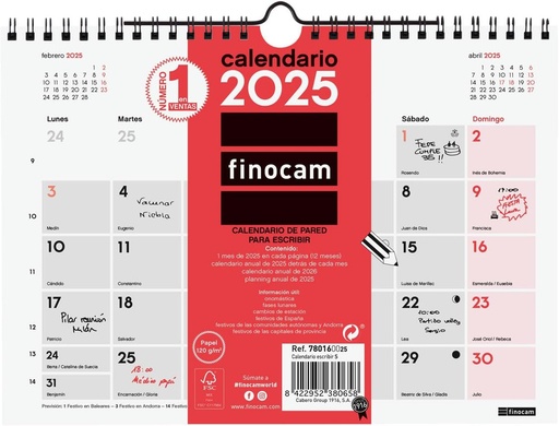[780160025] CALENDARIO PARED 25 FINOCAM NEUTRO S ESCRIBIR CAST