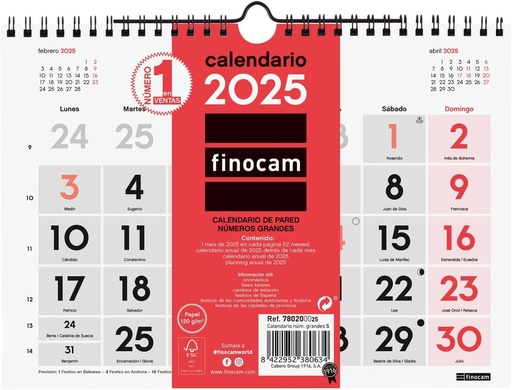 [780200025] CALENDARIO PARED 25 FINOCAM NEUTRO S Nº GRAN CAST