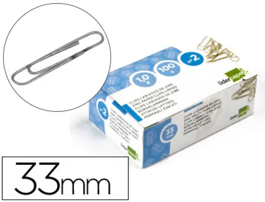 [LI03] Clips liderpapel nº2 labiados 33 mm caja de 100 unidades.