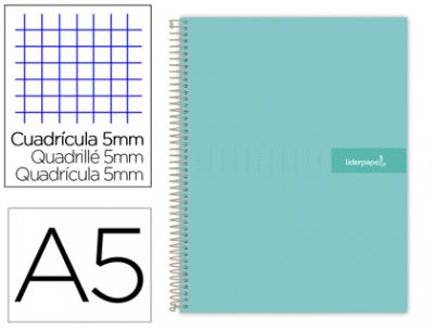 [BJ72] Cuaderno espiral liderpapel a5 micro crafty tapa forrada 120h 90 gr cuadro 5mm 5 bandas6 taladros color turquesa.