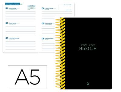 [LP558] AGENDA ESCOLAR LIDERPAPEL 25-26 ESPIRAL CLASSIC NEGRO SEMANA VISTA A5 BILINGÜE PAPEL FSC 70 GR