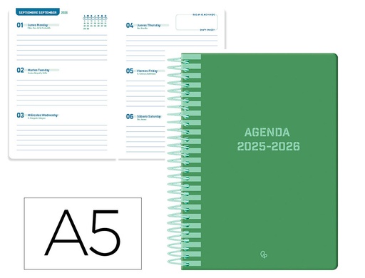 [LP560] AGENDA ESCOLAR LIDERPAPEL 25-26 ESPIRAL CLASSIC VERDE SEMANA VISTA A5 BILINGÜE PAPEL FSC 70 GR