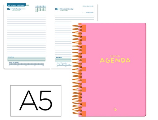 [LP561] AGENDA ESCOLAR LIDERPAPEL 25-26 ESPIRAL CLASSIC ROSA DIAPAGINA A5 BILINGÜE PAPEL FSC 70 GR