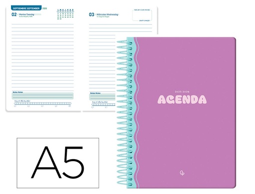 [LP563] AGENDA ESCOLAR LIDERPAPEL 25-26 ESPIRAL CLASSIC MORADO DIA PAGINA A5 BILINGÜE PAPEL FSC 70 GR